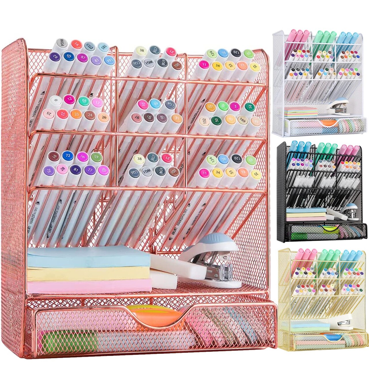 Spacrea Pen Holder Desk Organizer - Desk Organizers and Accessories, Pencil Holder with 10 Compartments and 1 Drawer(Rose Gold)